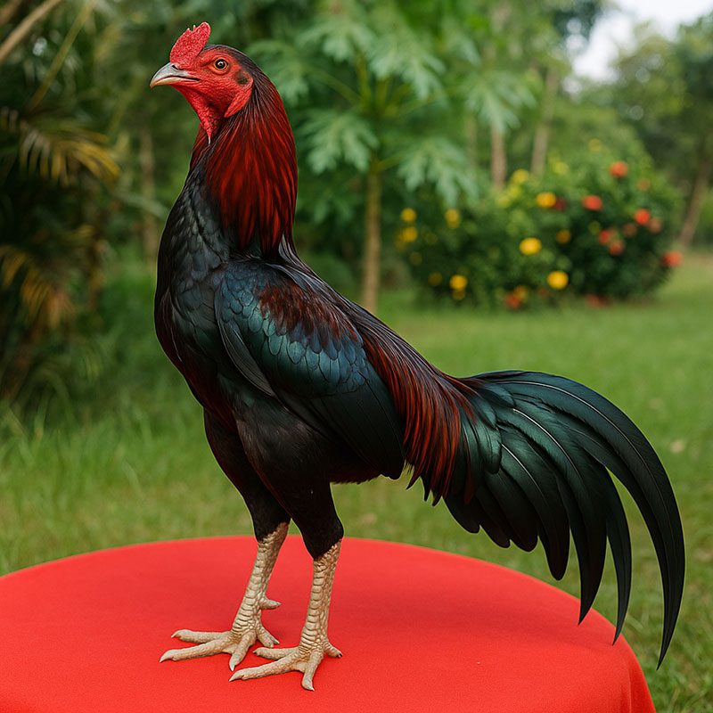 นักสู้ผู้แข็งแกร่ง ไก่ชนแข็งแรง ยืนเด่น สง่า ในสภาพร่างกายที่สมบูรณ์