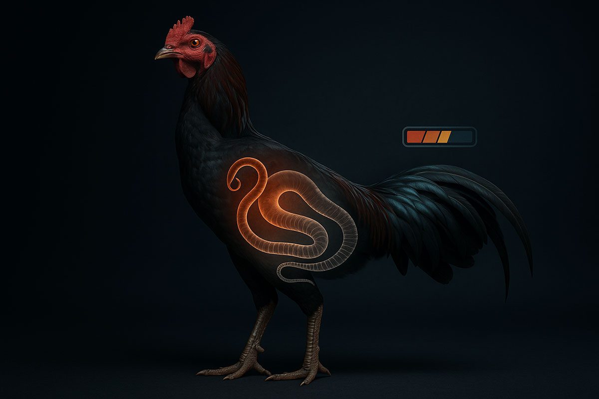 ภาพของไก่ชนตัวเก่งที่สง่างาม ยืนโพสท่าในสตูดิโอหรือพื้นหลังสีเข้ม แสงไฟส่องให้เห็นมัดกล้ามและความสมบูรณ์ของขน จะเห็นภาพกราฟิกของพยาธิตัวกลมและตัวตืด (ใช้เป็นภาพวาดลายเส้นหรือ 3D ที่ดูสะอาด ไม่น่าขยะแขยง) กำลังเคลื่อนไหวอยู่