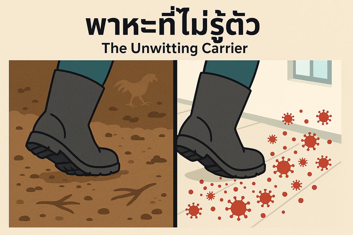 ส่วนซ้าย เป็นภาพ "รองเท้าบูท" ของคนเลี้ยงกำลังเหยียบย่ำพื้นดินที่สกปรกในสนามซ้อมหรือตลาดไก่ ส่วนขวา เป็นภาพรองเท้าบูทคู่เดิมกำลังก้าวเข้ามาในเล้าที่สะอาด โดยมีกราฟิกรูปไวรัส