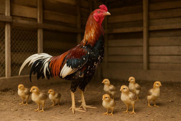 พ่อพันธุ์ไก่ชนยืนเด่นสง่างามท่ามกลางฝูงลูกไก่