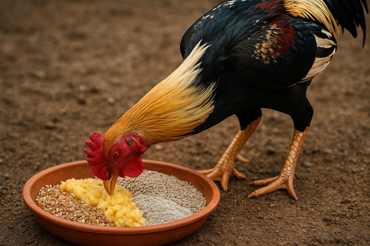 ไก่ชนกำลังงุ้มหน้ากินจากถาดอาหารแบบ “ฟิน ๆ