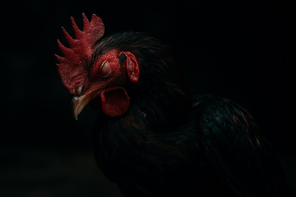 เป็นภาพถ่ายระยะใกล้ที่ทรงพลังและน่าจดจำที่สุดของโรคนี้ คือภาพไก่ชนที่กำลังแสดงอาการ "คอบิด" หรือคอพับอย่างผิดธรรมชาติ