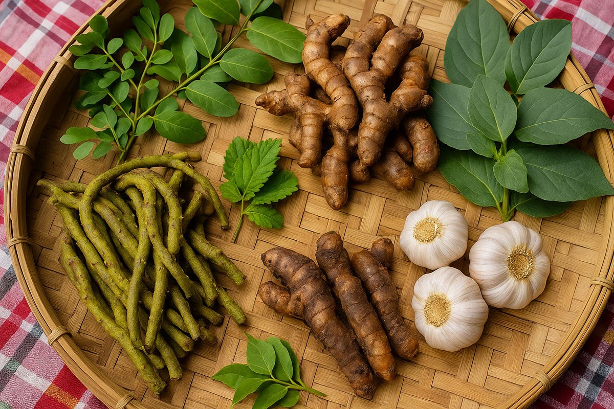 ถ่ายชัดเจนสมุนไพรทั้ง 5 วางบนตะกร้าสานหรือผ้าขาวม้าท้องถิ่น ให้กลิ่นอายความเป็น “หมอยาไก่ชน”