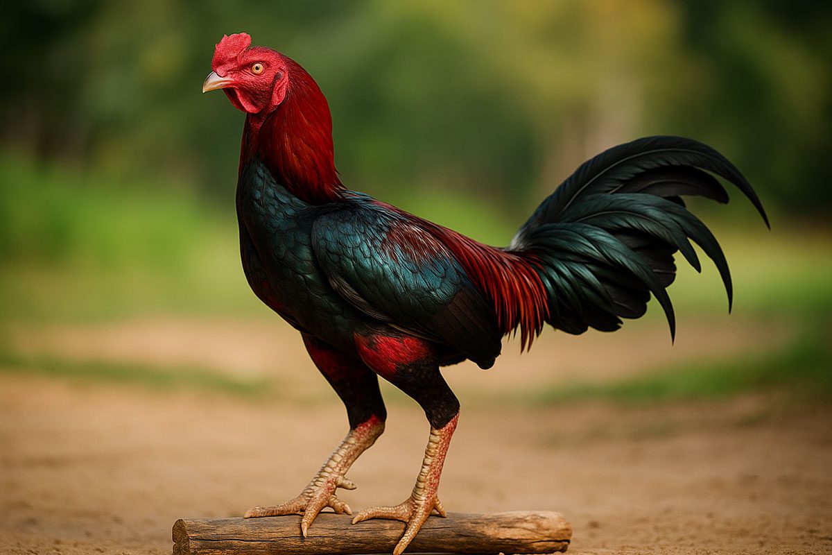 ภาพถ่าย Portrait ของไก่ชนที่ผ่านการฟิตซ้อมมาอย่างดี ยืนอยู่อย่างสง่างามบนพื้นสะอาดๆ หรือคอนไม้