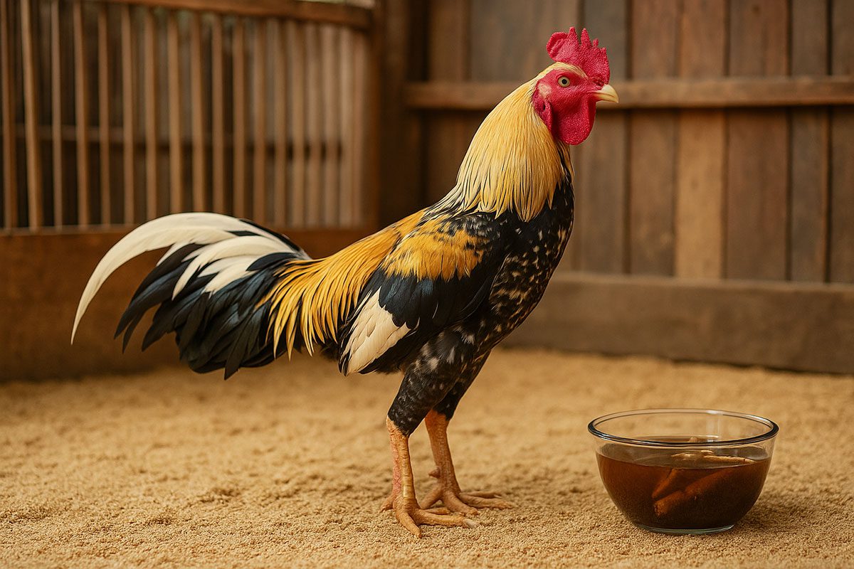 ไก่ชนตัวหนึ่งยืนสง่างามท่ามกลางอาหารไก่ชนหลายชนิด