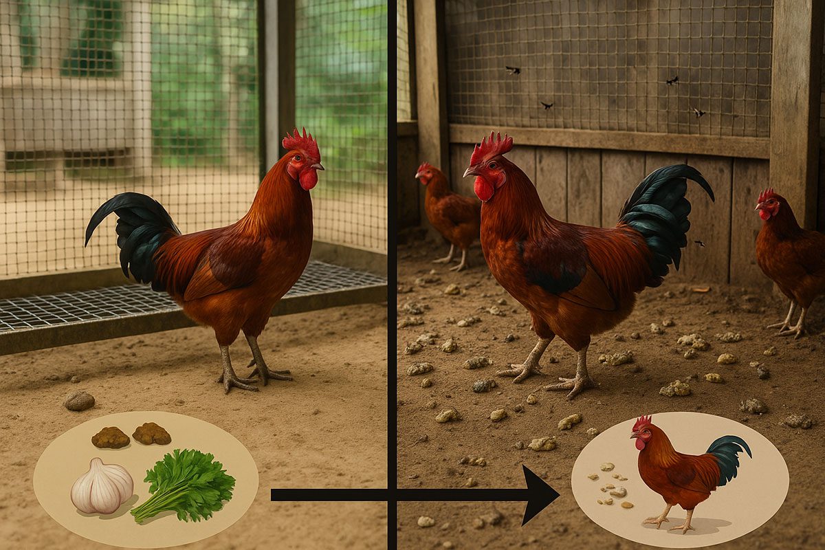 ภาพเปรียบเทียบ 2 ซุ้ม ซุ้มที่ขี้กองสูง แมลงบินว่อน ซุ้มที่พื้นแห้ง, ใช้ตะแกรง, ไก่สะอาด