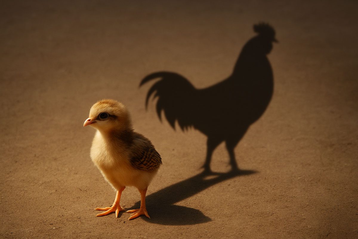 ลูกไก่ยืนบนเงาพ่อพันธุ์