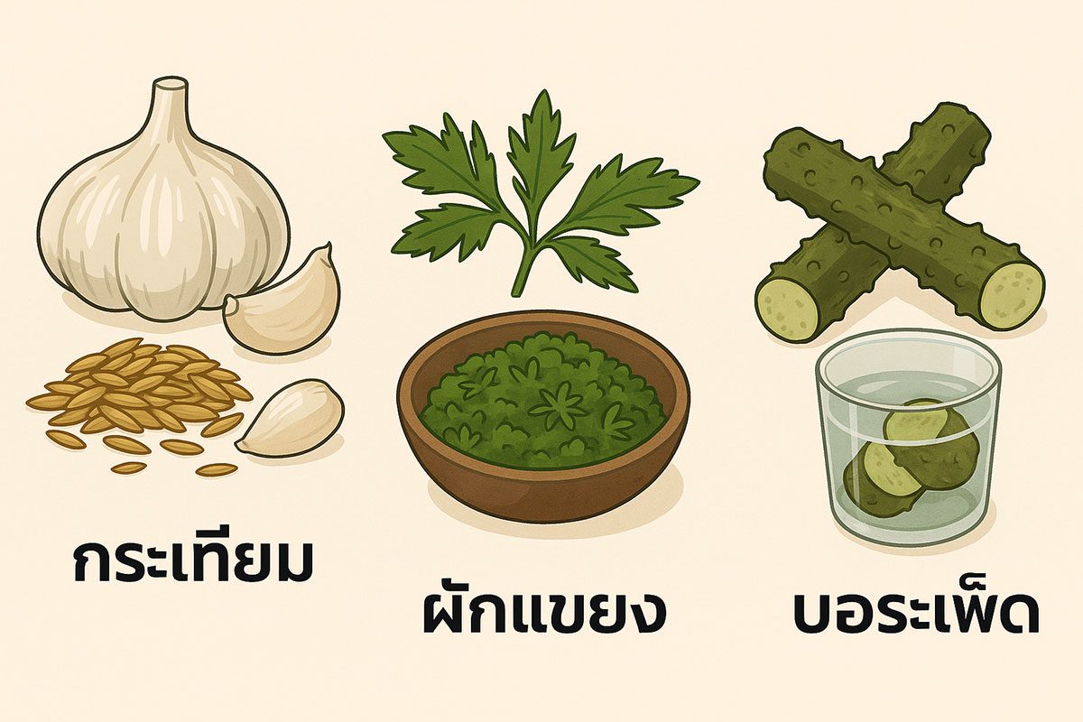 กราฟิกแยกชัด กระเทียม, ผักแขยง, บอระเพ็ด กระเทียม: ภาพคลุกข้าวเปลือก ผักแขยง: ใบสดบดใส่อาหาร บอระเพ็ด: หั่นแว่นแช่น้ำ