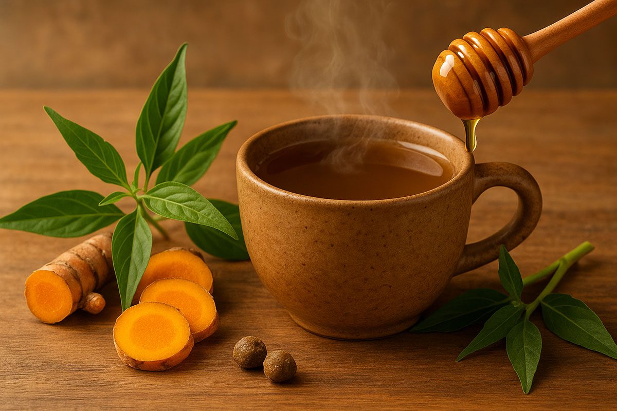 ชาชงฟ้าทะลายโจรขมิ้นและน้ำผึ้งในถ้วยดินเผา พร้อมสมุนไพรวางข้าง ๆ