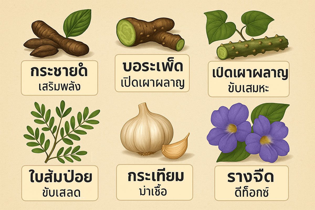 อินโฟกราฟิกสมุนไพรทั้ง 5 ชนิดในภาพเดียว