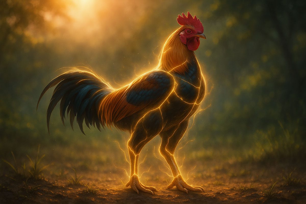 ภาพไก่ชนยืนอยู่ในแสงเช้า โดยมีแสงสะท้อนจากร่างกายเหมือนใส่ "เกราะพลังงาน"