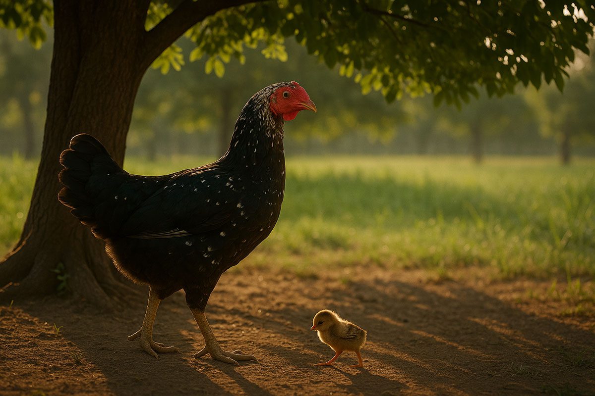 ภาพไก่แม่พันธุ์ยืนในร่มไม้ ใต้ต้นไม้มีลูกไก่กำลังเดินหรือซ้อมบิน
