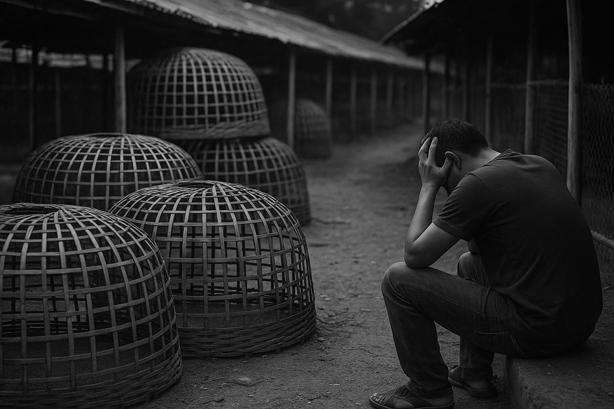 ภาพมุมกว้างที่แสดงให้เห็น "เล้าไก่ที่ว่างเปล่า" หรือเกือบร้าง มีสุ่มไก่วางเปล่าๆ ซ้อนกันอยู่หลายอัน มีเจ้าของซุ้มนั่งหันหลังด้วยความสิ้นหวังอยู่มุมใดมุมหนึ่งของภาพ