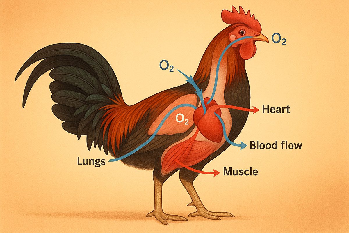 ภาพอธิบายแบบ anatomy สั้น ๆ ว่า “เมื่อไก่หายใจ ออกซิเจนเดินทางอย่างไร
