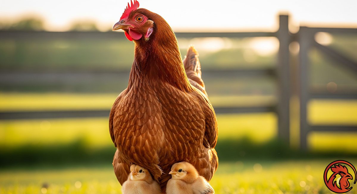 แม่ไก่ลักษณะดี กำลังยืนอย่างสง่างาม โดยมีฝูงลูกไก่ตัวเล็กๆ 2-3 ตัวอยู่ภายใต้การคุ้มครองของมัน อาจจะอยู่ใต้ปีกหรือเดินอยู่ใกล้ๆ ขาของแม่