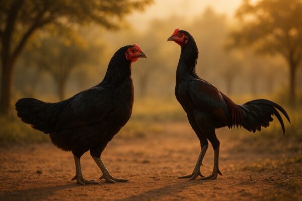 ภาพแม่ไก่ชนยืนอยู่หน้าไก่หนุ่มที่มีท่วงท่าสง่า