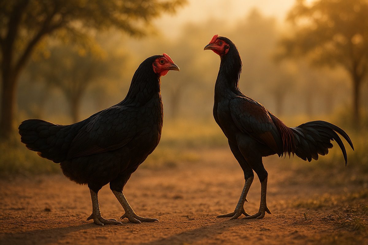 ภาพแม่ไก่ชนยืนอยู่หน้าไก่หนุ่มที่มีท่วงท่าสง่า