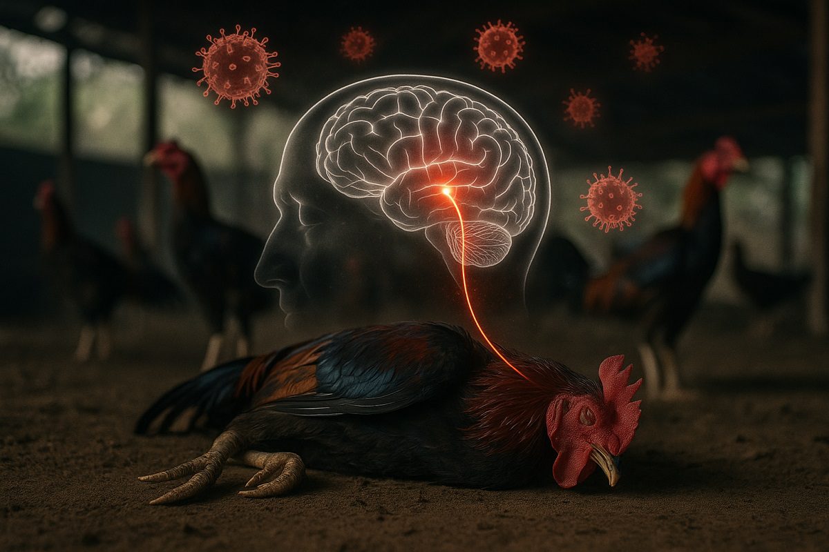 ไก่ชนกำลังนอนล้มป่วยด้วยโรคนิวคาสเซิลภายในโรงเรือนที่มีไก่ชนอยู่หลายตัว