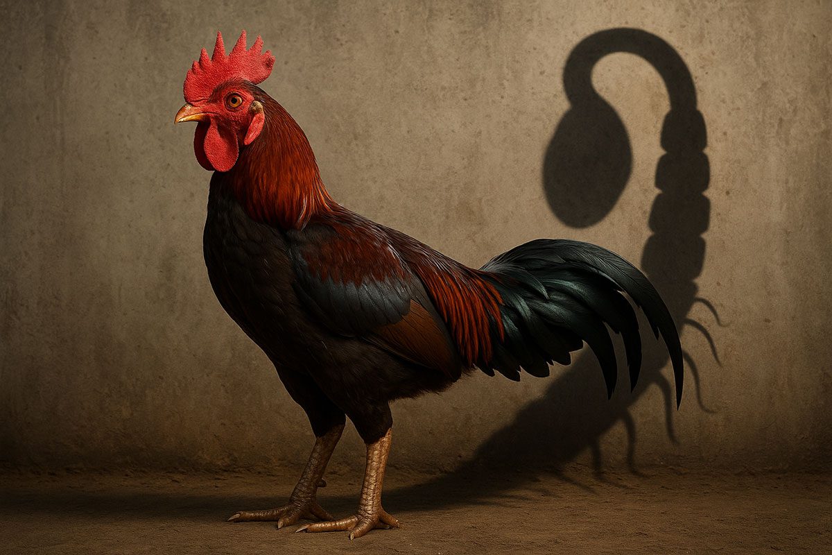 ภาพไก่ชนยืนสง่างาม แต่เงาที่ทอดอยู่ข้างหลังกลับเป็นเงารูปพยาธิ (เช่นตัวกลมขด, ตัวแบนมีปล้อง)