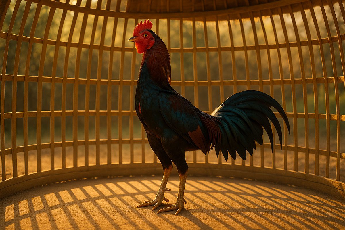 ไก่ชนยืนสง่างามในสุ่มกลางแสงเช้า ไก่ชนยืนมั่นในสุ่มไม้ มีแสงแดดอ่อนส่องเข้ามา