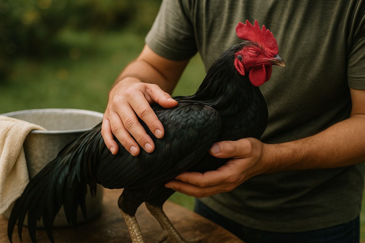 เจ้าของไก่ชนกำลังประคองไก่ด้วยมือในขณะที่กำลังอาบน้ำไก่ชน