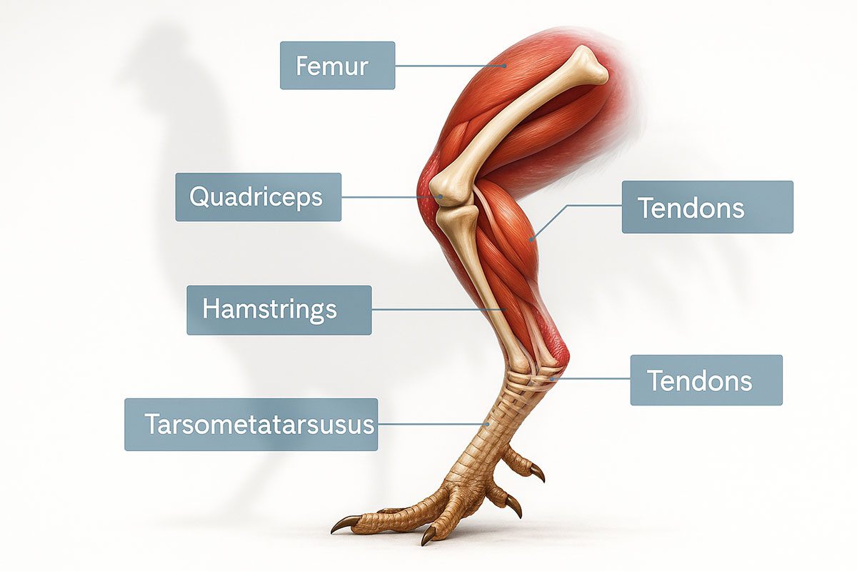 แผนผังกายวิภาคขาไก่ชน แสดงกระดูก กล้ามเนื้อ และเอ็นที่เกี่ยวกับเบอร์แข้ง