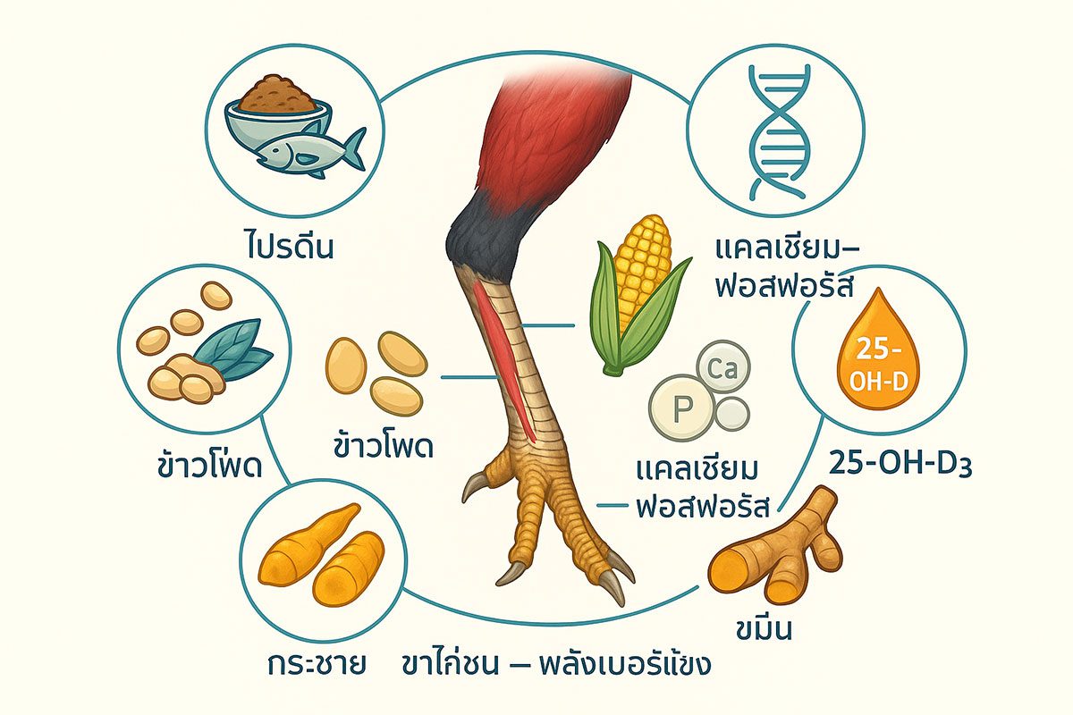 อินโฟกราฟิกโภชนาการและพันธุกรรมที่ช่วยเพิ่มพลังเบอร์แข้งของไก่ชน