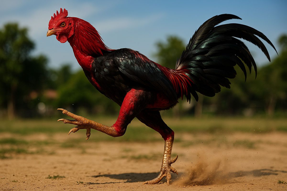 ภาพไก่ชนออกแข้งกลางอากาศ เห็นกล้ามเนื้อขาและแรงปะทะอย่างชัดเจน