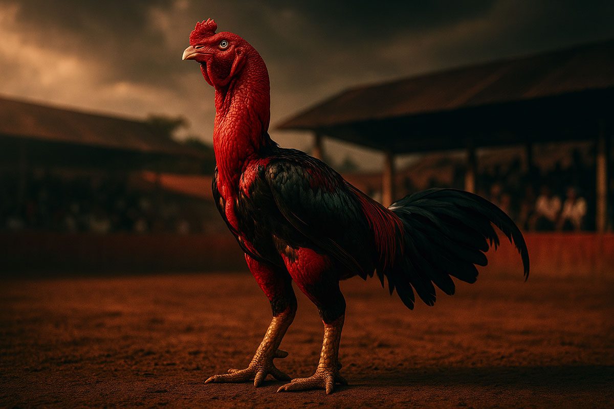 ไก่ไซ่ง่อนยืนเด่นกลางภาพ ท่าทางดุดัน คอตั้งตรง ขาใหญ่ หนังหย่อน