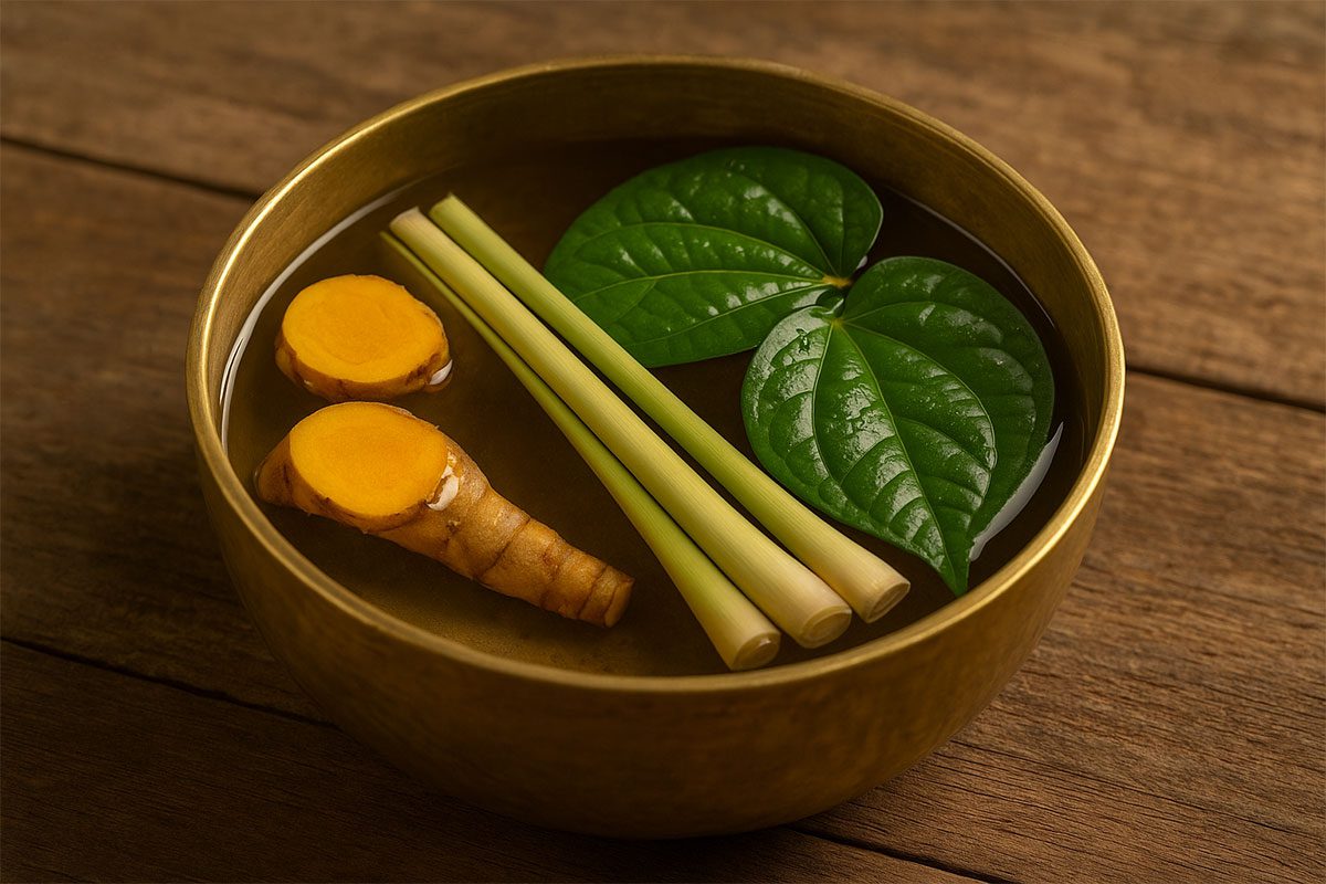 ภาพน้ำในขันทองเหลืองพร้อมสมุนไพรลอยอยู่ ขมิ้นสีเหลือง ใบพลูสีเขียว ตะไคร้หั่นท่อน วางบนพื้นไม้แบบบ้าน ๆ