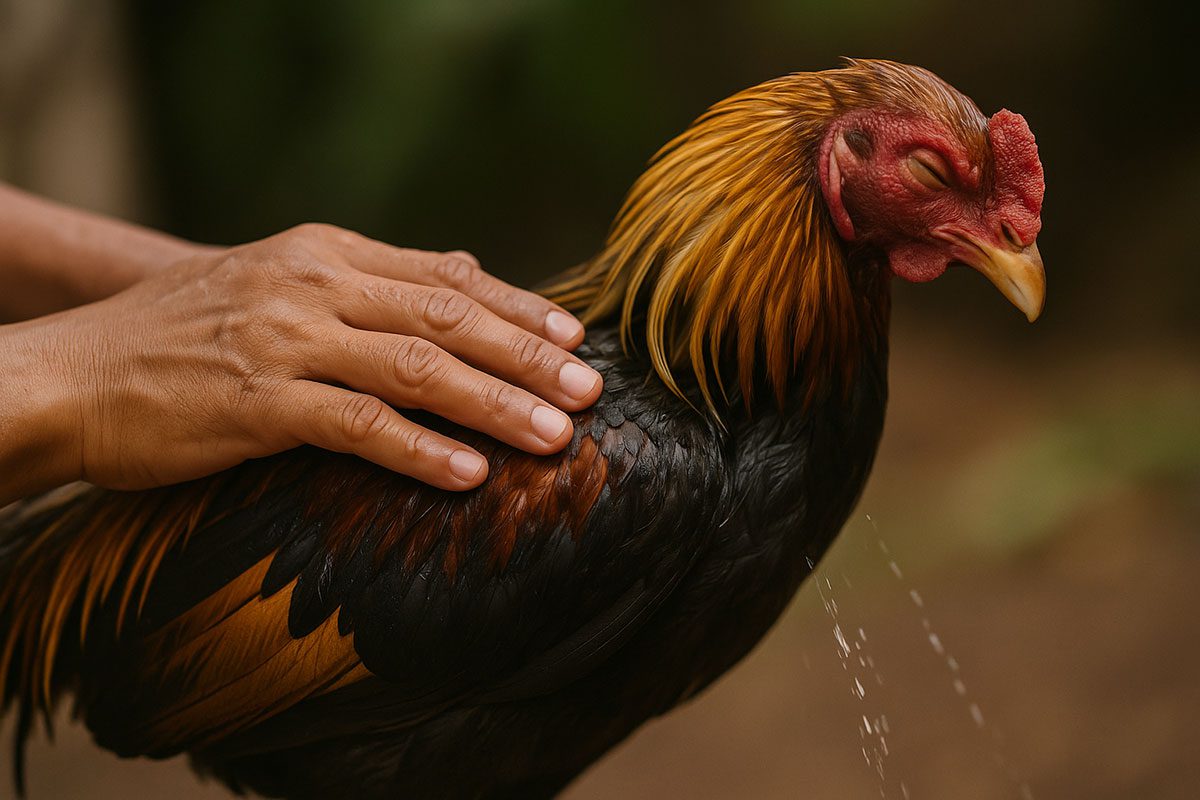 ภาพมือคนลูบตัวไก่