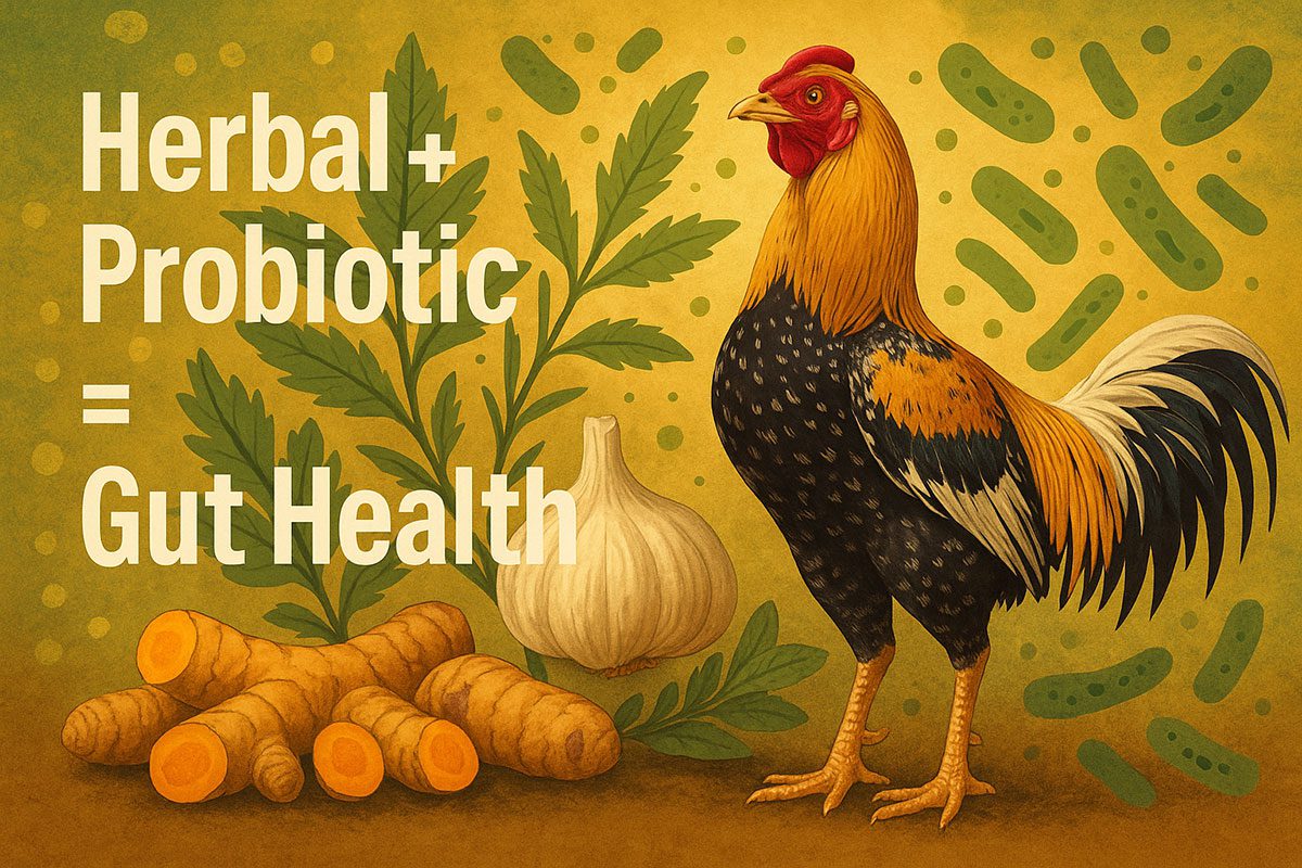 ภาพไก่ชนยืนในท่าภูมิใจพื้นหลังเป็นกราฟิกผสมสมุนไพร