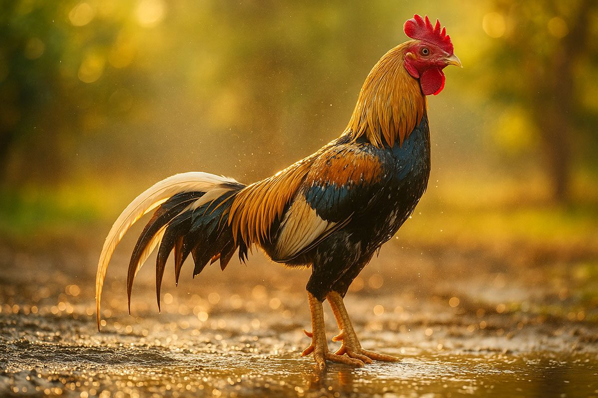 ภาพไก่ชนหนุ่มยืนเด่นบนพื้นเปียกชื้น