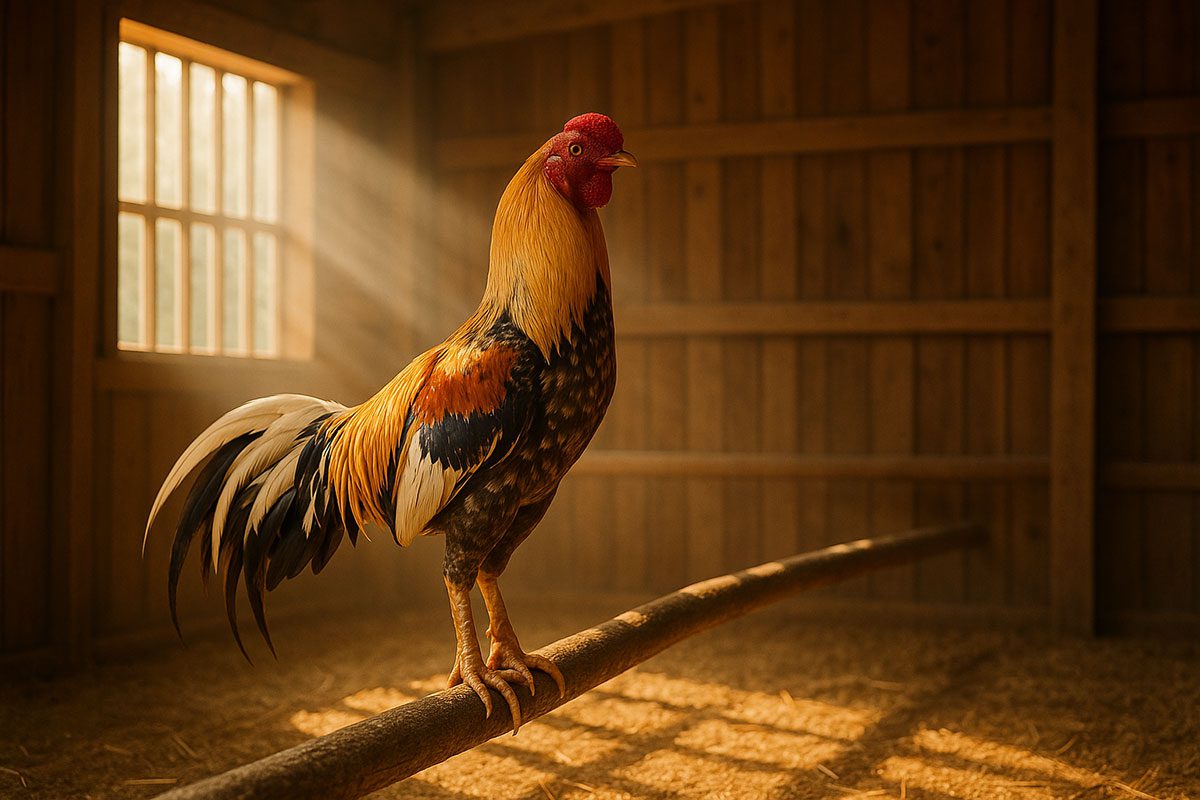 ภาพไก่ยืนบนคอนในโรงเรือน