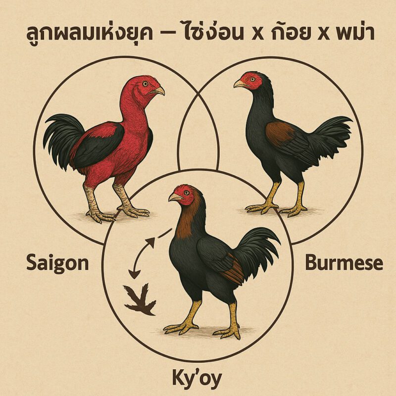 รูปอธิบายวงจรการผสมพันธุ์ข้ามสายเลือก ระหว่าง ไก่ไซ่ง่อน ไก่ไทย ไก่ป่าก๋อย