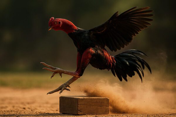 ไก่ชนที่มีรูปร่างสมส่วนดูแข็งแกร่ง กำลังซ้อมเตะ อย่างรุนแรง