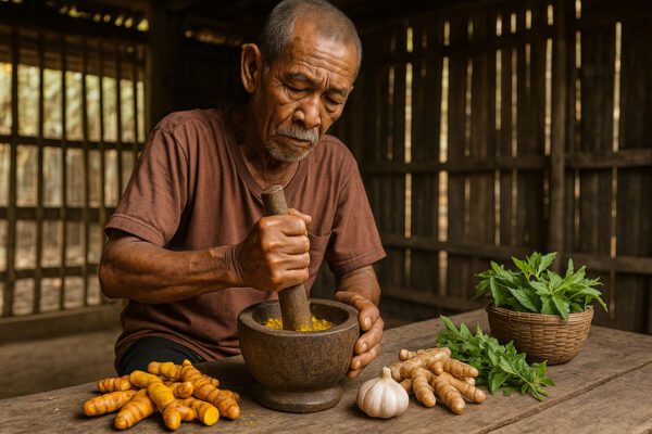 เซียนไก่รุ่นเก๋ากำลังบดสมุนไพร