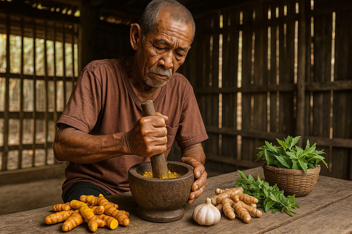 เซียนไก่รุ่นเก๋ากำลังบดสมุนไพร