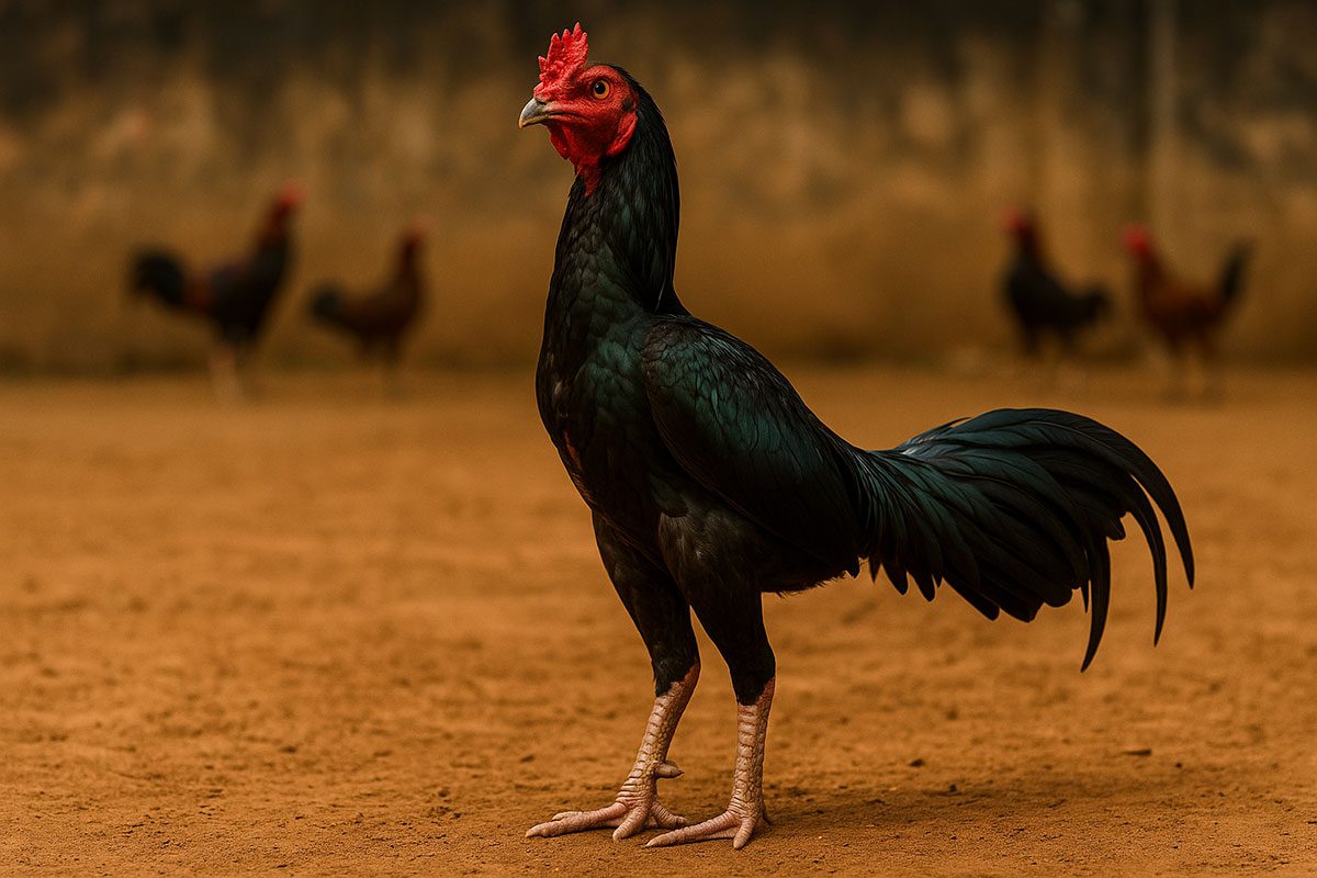 ไก่ก๋อยยืนสง่าในสนามชนพื้นดิน-ดวงตาคมกริบ