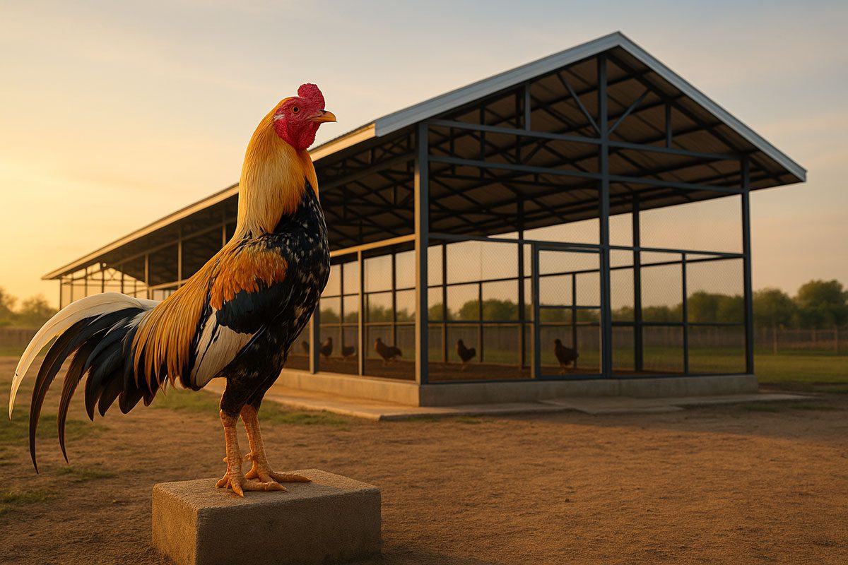 ไก่ชนยืนสง่างามอยู่หน้าฟาร์มที่ออกแบบดี