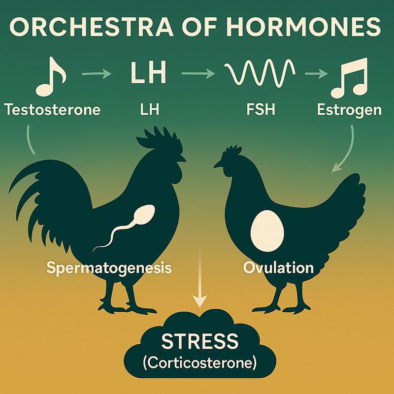 อินโฟกราฟิกฮอร์โมนไก่ชน แสดง Testosterone/Estrogen/LH/FSH กับแรงกดของความเครียด