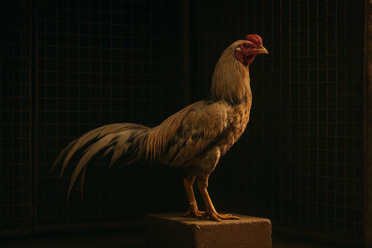• ไก่ชนยืนอยู่ในกรงที่ดูเรียบร้อย แต่แฝงด้วยแสงเงาหม่น ๆ เหมือนบอกว่ามีปัญหาซ่อนอยู่