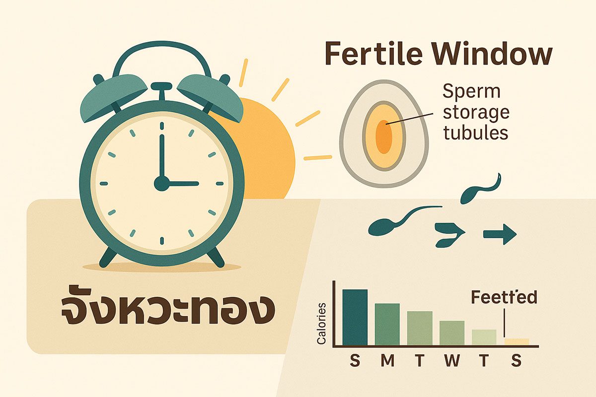อินโฟกราฟิกหน้าต่างปฏิสนธิ แสดงเวลาเช้าและการเก็บเชื้อในท่อนำไข่ของแม่ไก่