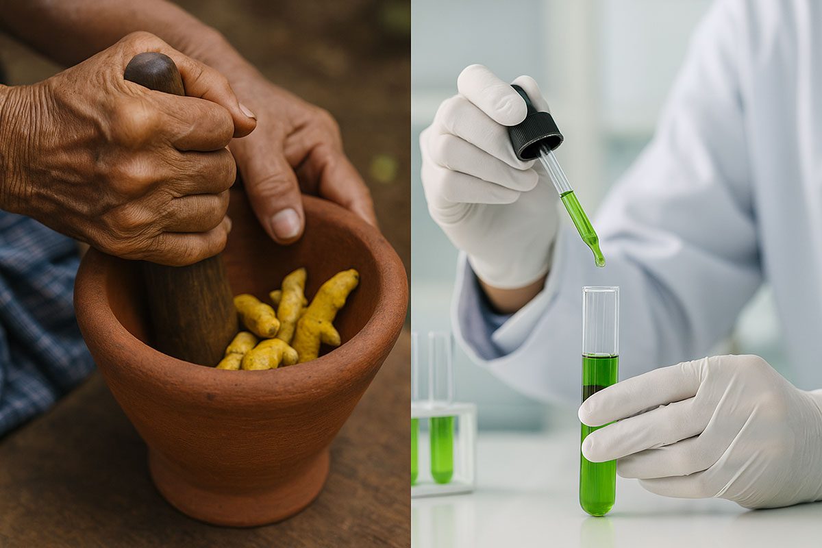 ฝั่งซ้ายเป็นภาพมือของเซียนไก่รุ่นเก่ากำลังโขลกสมุนไพรในครกดินเผา บรรยากาศดูเป็นธรรมชาติ ส่วนจอฝั่งขวาเป็นภาพมือของนักวิทยาศาสตร์ในถุงมือที่กำลังใช้ Dropper ดูดสารสกัดจากสมุนไพรชนิดเดียวกันในหลอดทดลอง