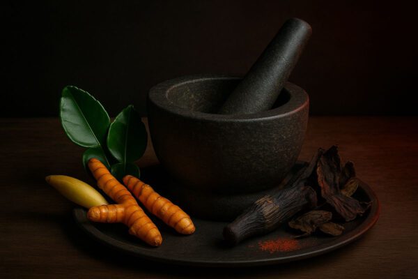 ภาพครกบดยาหินแบบโบราณที่ตั้งอยู่ตรงกลาง ด้านซ้ายของครกมีสมุนไพรสดใหม่สีสันสดใส (ขมิ้น, ไพล, ใบมะกรูด) วางกองอยู่อย่างสวยงาม