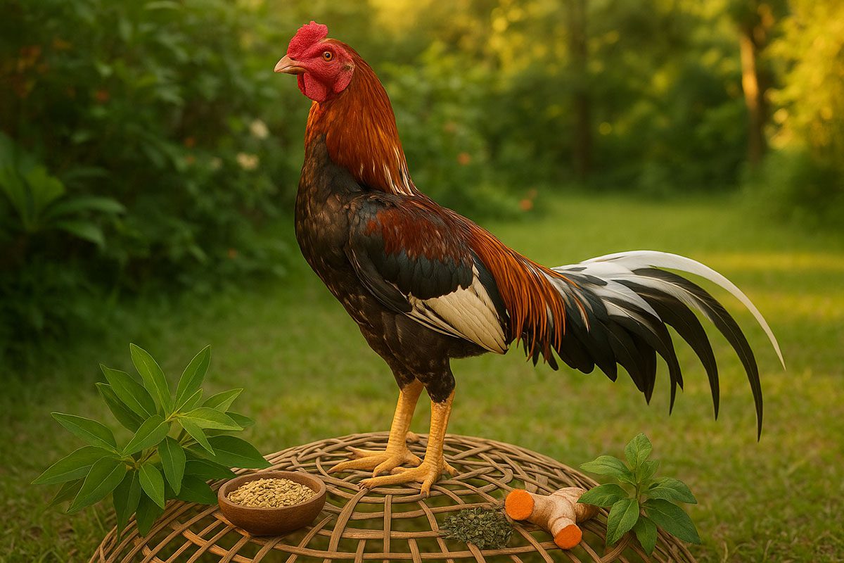 ไก่ชนยืนในฉากธรรมชาติ พร้อมสมุนไพรพื้นบ้านวางรอบ ๆ เช่น ขมิ้น, ฟ้าทะลายโจร, งาขี้ม้อน