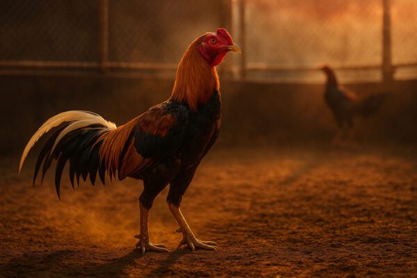 ภาพไก่ชนยืนมองคู่ต่อสู้อย่างมั่นคง