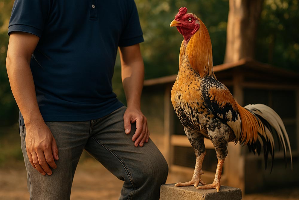 ภาพไก่ยืนสง่าเคียงข้างคนเลี้ยง