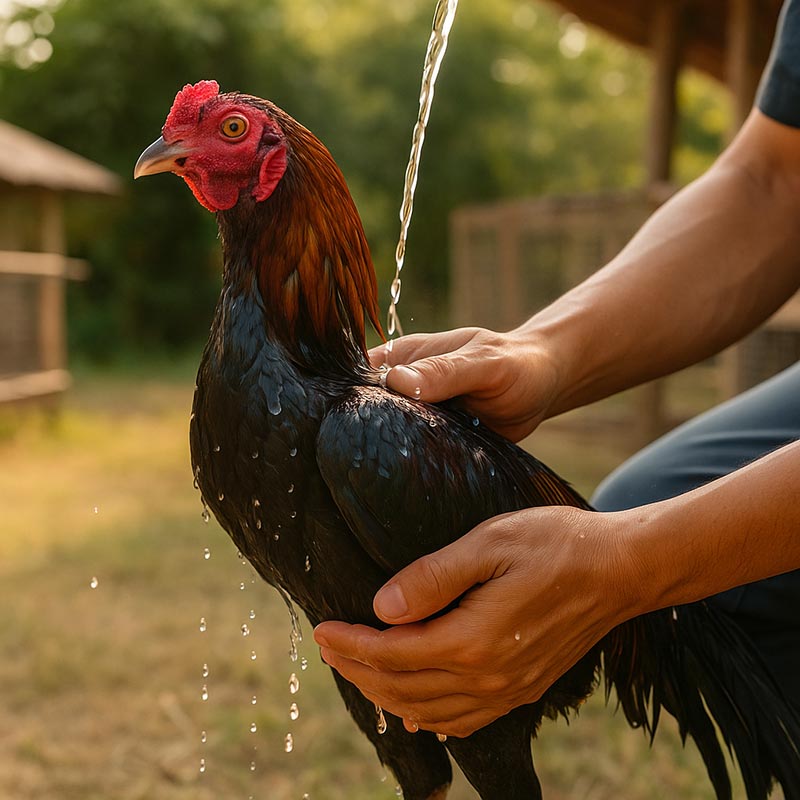 คนเลี้ยงกำลัง "กราดน้ำ" ให้ไก่ชน โดยใช้มือค่อยๆ รองน้ำแล้วลูบไปบนตัวไก่ หรือใช้น้ำจากขันค่อยๆ ราดลงบนหลังของไก่