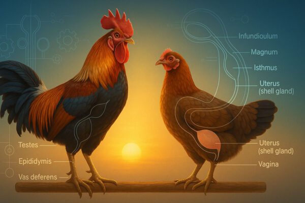 ไก่ชนคู่พร้อมโอเวอร์เลย์แบบบลูพรินต์ของอวัยวะสืบพันธุ์ พ่อพันธุ์–แม่พันธุ์